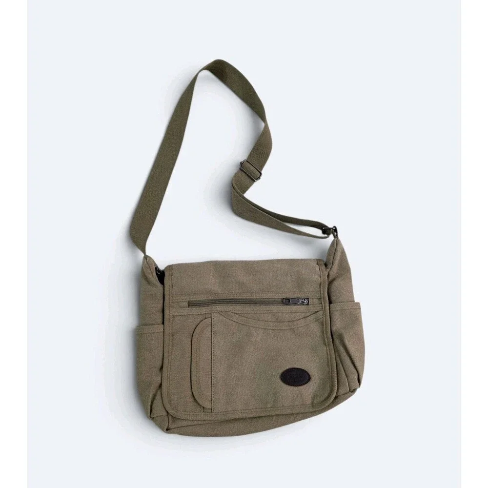 Fu Li Ma Vintage Khaki Canvas Messenger Bag Multi Pocket Crossbody Sling Satchel